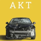 Email footer AKT- een kapotte zwarte auto op een gele achtergrond met witte hoofdletters 'AKT' erboven